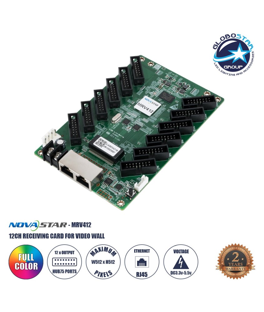 GLOBOSTAR® MRV412-N 41056 Novastar MRV412-N Receiving Card για Οθόνες LED Video Wall 12 x HUB75E με Loading Capacity σε Pixel 512 x 512px - Gigabit Network Ethernet Input & Output Ports - DC 5V IP20 - Μ14.6 x Π9.2 x Υ1.8cm - 2 Χρόνια Εγγύηση